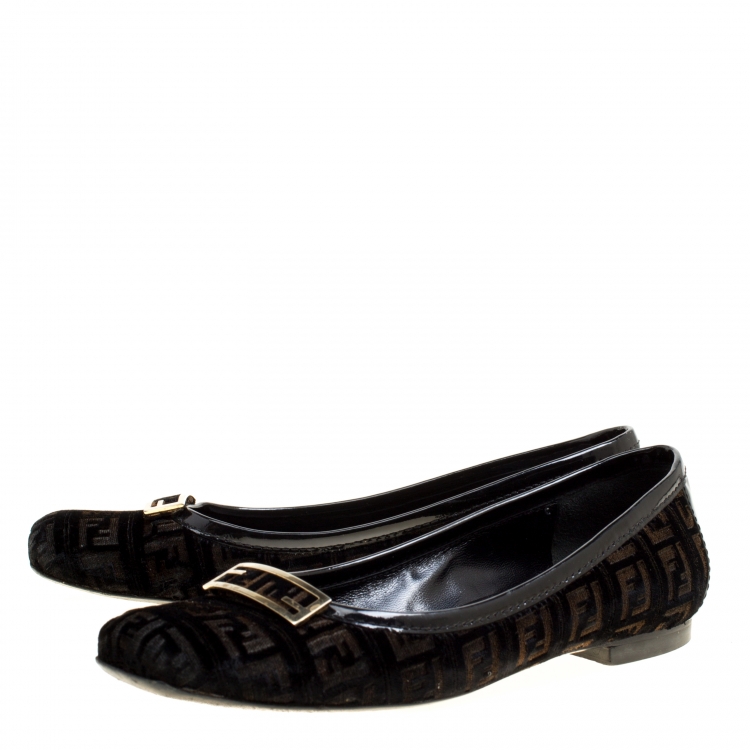 مملوكة مسبقًا Fendi Black Zucca Velvet and Patent Leather Square Toe Ballet Flats Size 37