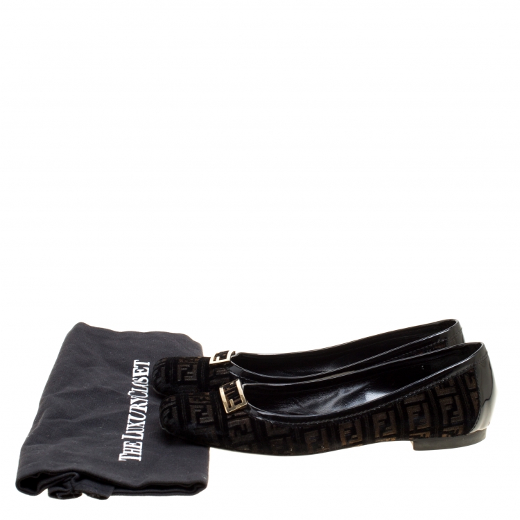 مملوكة مسبقًا Fendi Black Zucca Velvet and Patent Leather Square Toe Ballet Flats Size 37