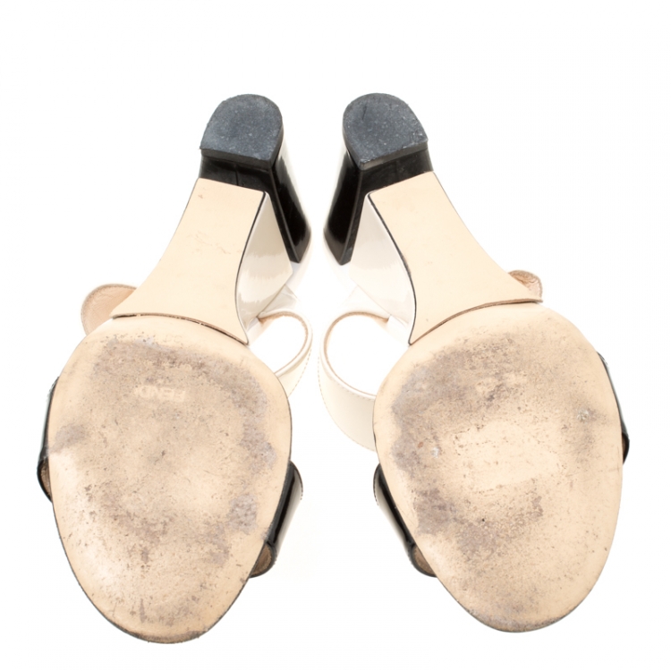 Pre Owned Fendi Cream/Black Patent Leather Wedge Slides Size 38