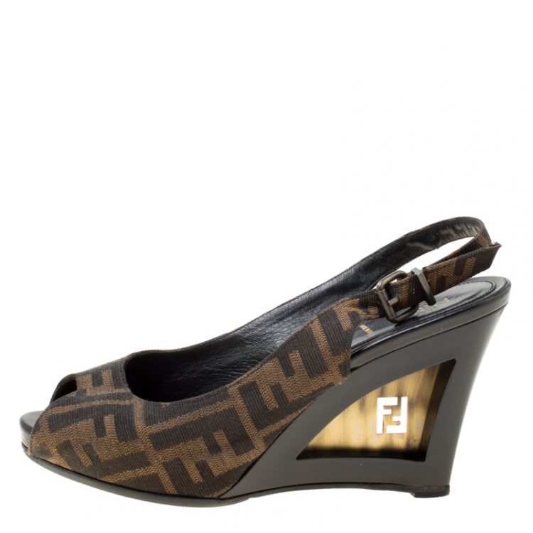 Pre Owned Fendi Brown Zucca Canvas Slingback Wedge Sandals Size 37