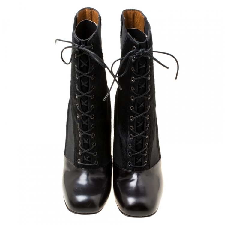 Pre Owned Fendi Monochrome Calf Hair and Leather Lace Up Calf Boots Size 38.5