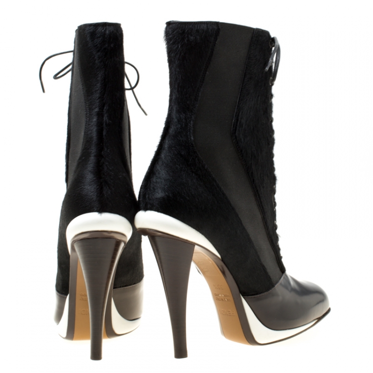 Pre Owned Fendi Monochrome Calf Hair and Leather Lace Up Calf Boots Size 38.5