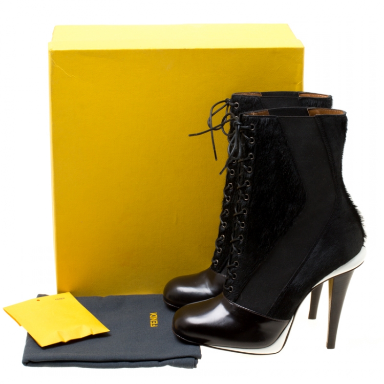 Pre Owned Fendi Monochrome Calf Hair and Leather Lace Up Calf Boots Size 38.5
