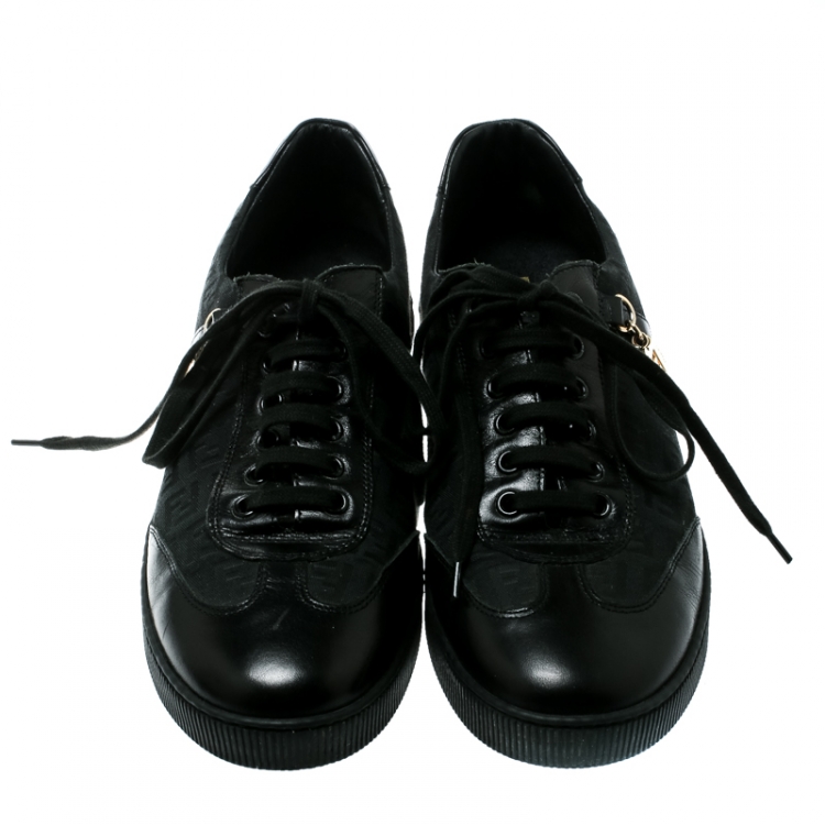 Pre Owned Fendi Black Zucca Canvas and Leather Sneakers Size 39