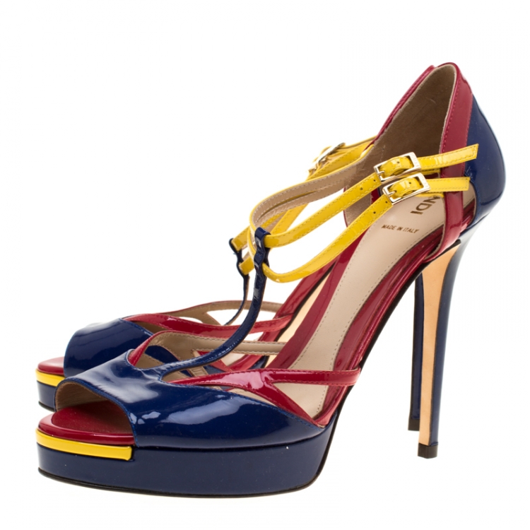 Pre Owned Fendi Multicolor Patent Leather Peep Toe T-Strap Sandals Size 40