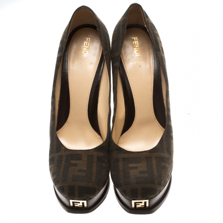 Pre Owned Fendi Tobacco Zucca Canvas Fendista Platform Pumps Size 40