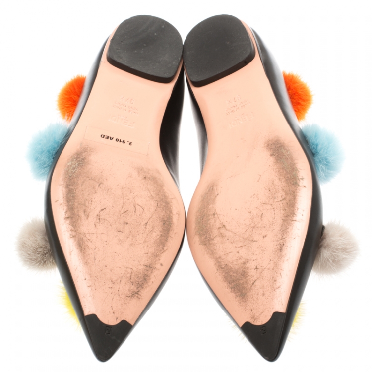 Pre Owned Fendi Black Leather And Mink Fur Pom Pom Ballerina Flats Size 37.5