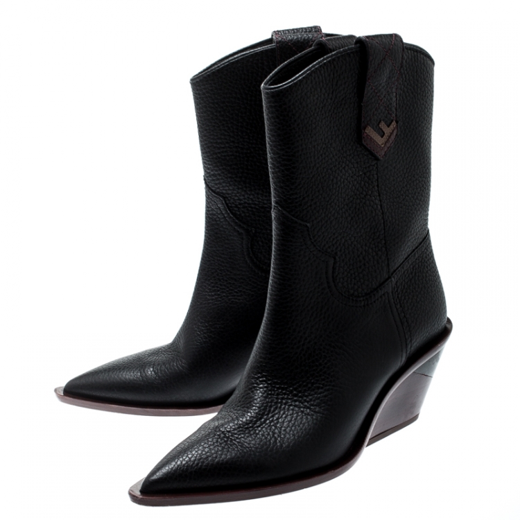 Pre Owned Fendi Black Leather Pointed Toe Mid Calf Wedge Cowboy Boots Size 39