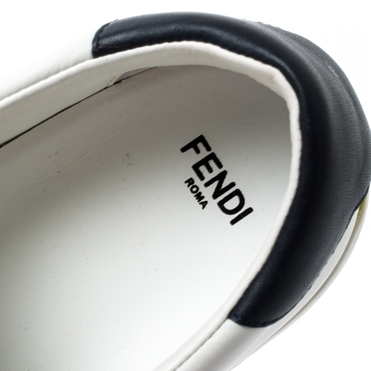 Pre Owned Fendi White Leather With Logo Knit Rockoko Scallop Detail Slip On Sneakers Size 40