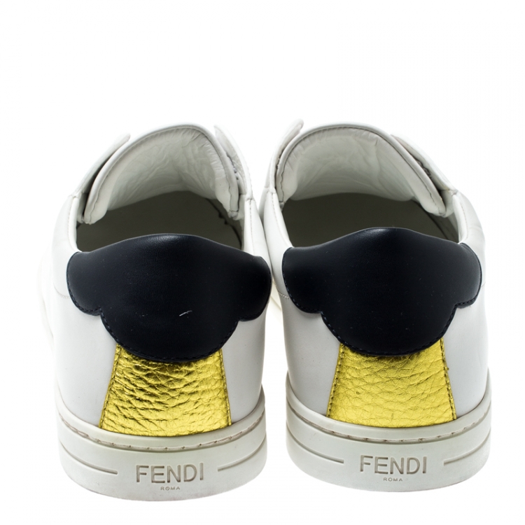 Pre Owned Fendi White Leather With Logo Knit Rockoko Scallop Detail Slip On Sneakers Size 40