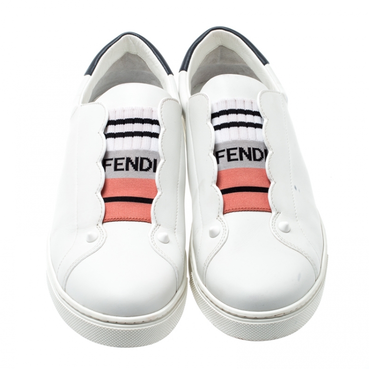 Pre Owned Fendi White Leather With Logo Knit Rockoko Scallop Detail Slip On Sneakers Size 40