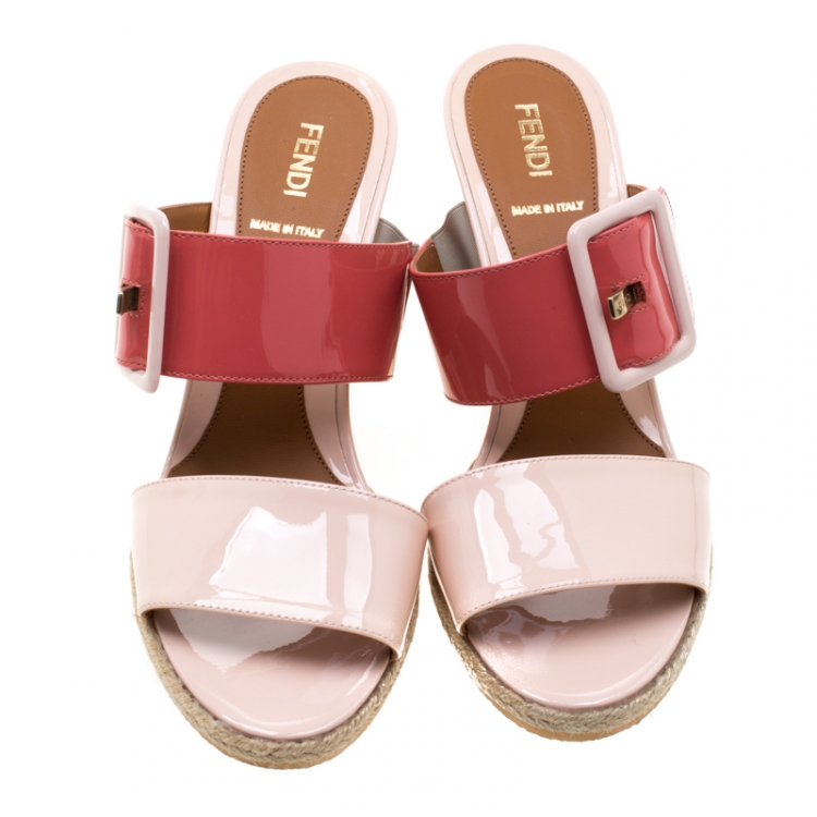 Pre Owned Fendi Coral/Pink Patent Leather Buckle Strap Wedge Sandals Size 38