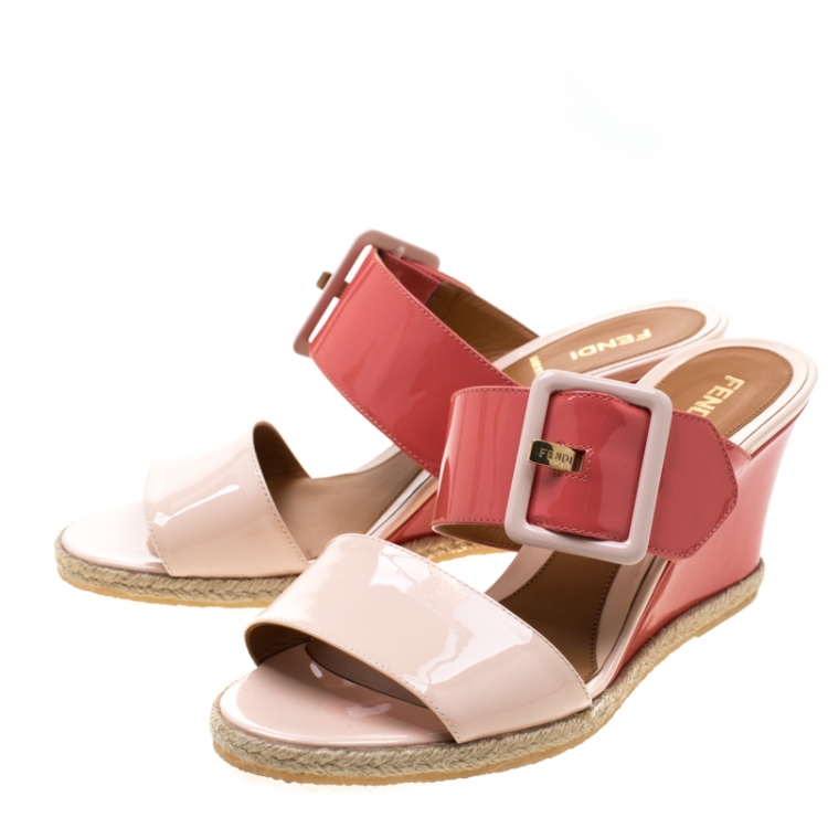 Pre Owned Fendi Coral/Pink Patent Leather Buckle Strap Wedge Sandals Size 38