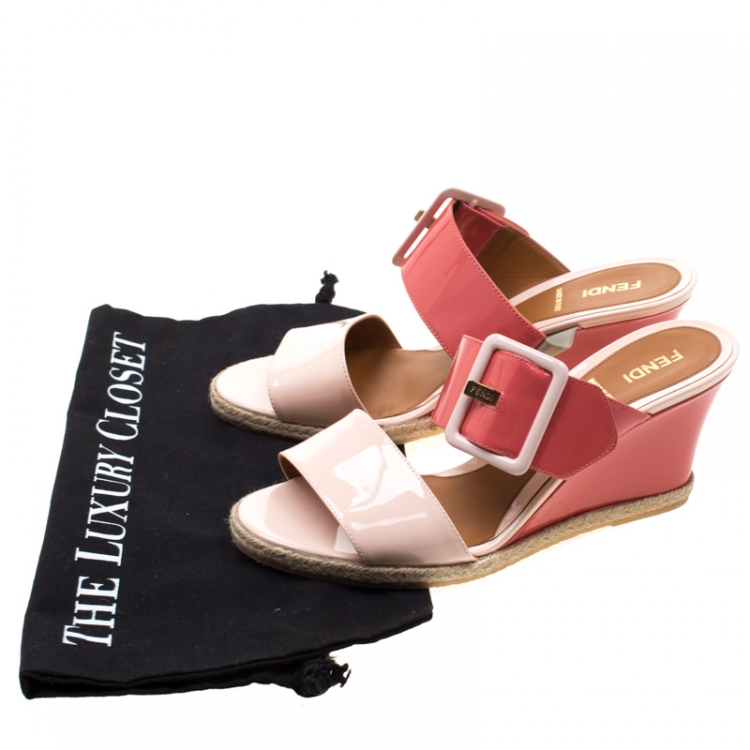 Pre Owned Fendi Coral/Pink Patent Leather Buckle Strap Wedge Sandals Size 38