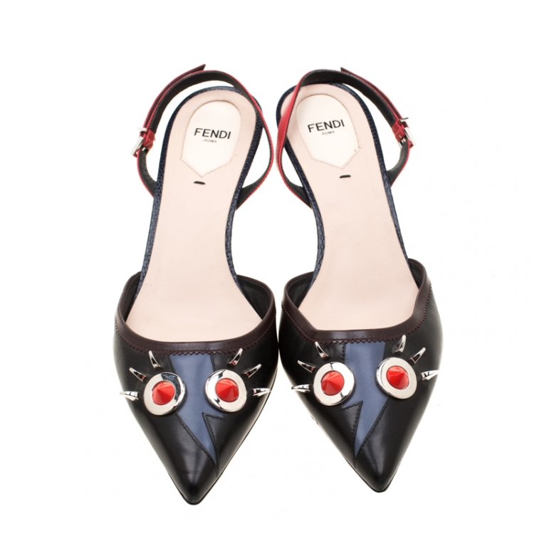 Pre Owned Fendi Black Leather Studded Monster Slingback Sandals Size 40