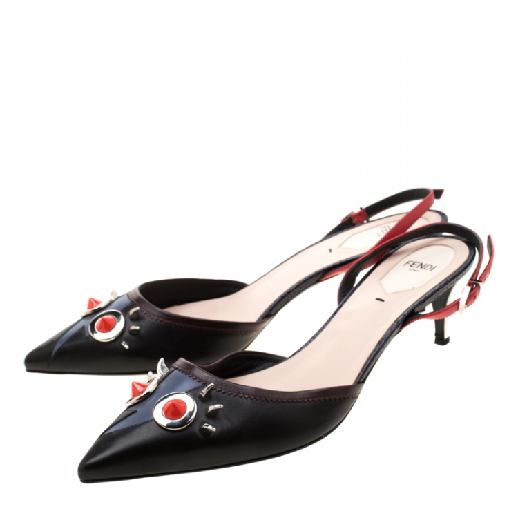 Pre Owned Fendi Black Leather Studded Monster Slingback Sandals Size 40