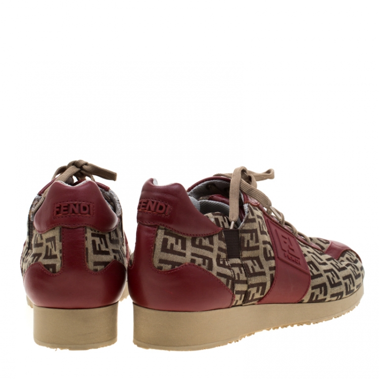 Pre Owned Fendi Zucca Beige Canvas And Red Leather Lace Up Sneakers Size 38.5