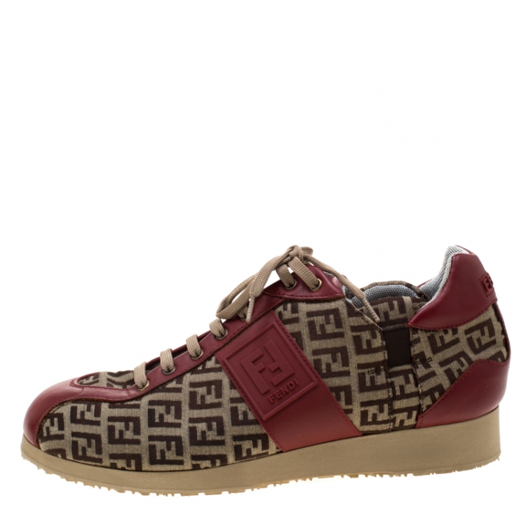 Pre Owned Fendi Zucca Beige Canvas And Red Leather Lace Up Sneakers Size 38.5