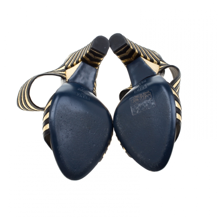 مملوكة مسبقًا Fendi Metallic Gold/Black Leather Hypnosis Sandals Size 38