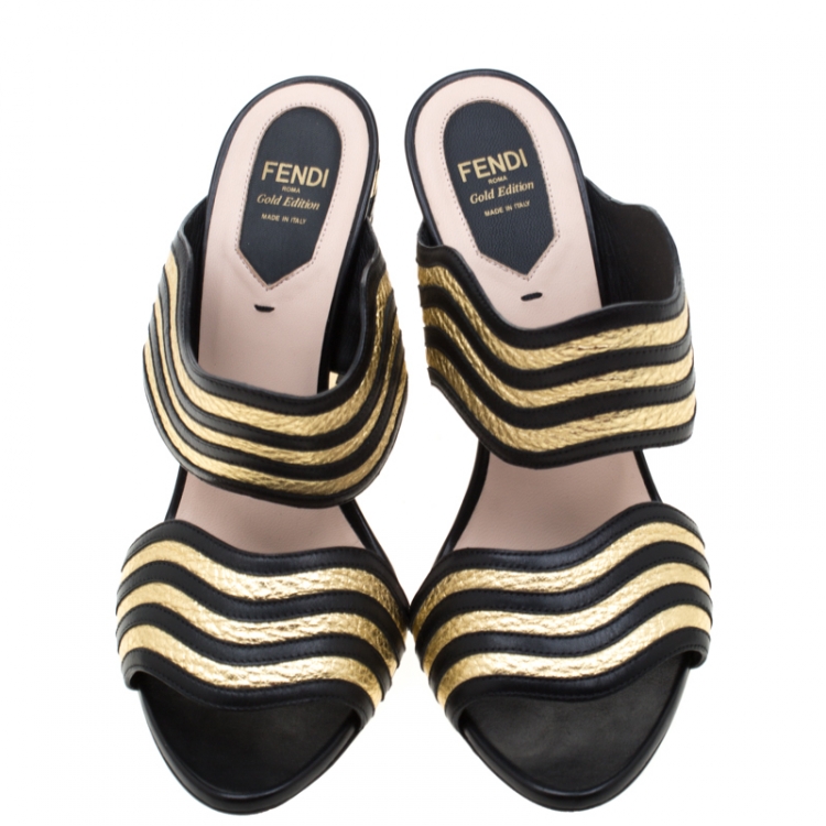مملوكة مسبقًا Fendi Metallic Gold/Black Leather Hypnosis Sandals Size 38