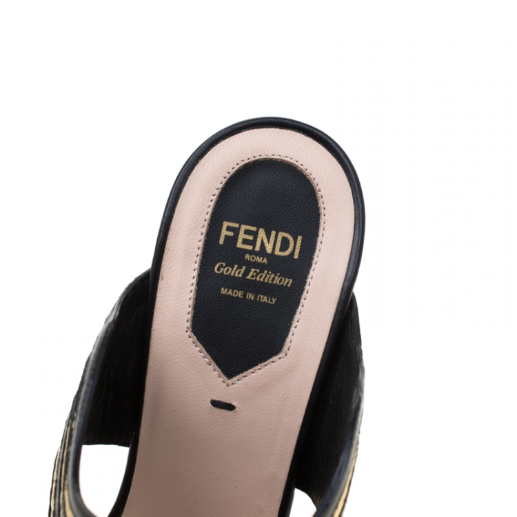 مملوكة مسبقًا Fendi Metallic Gold/Black Leather Hypnosis Sandals Size 38