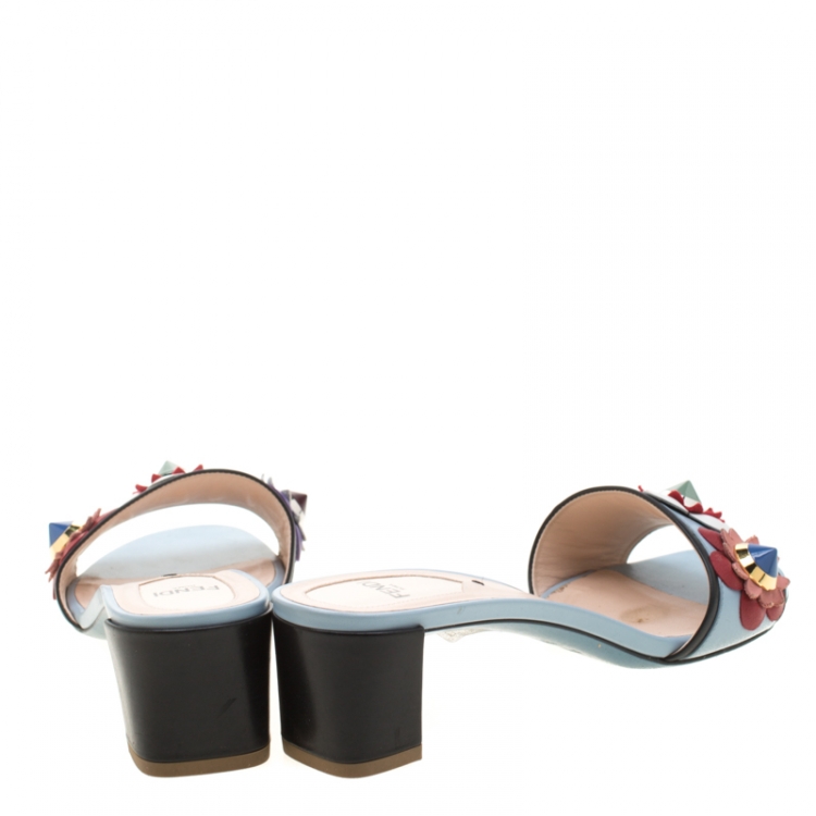 Pre Owned Fendi Powder Blue/Black Leather Flowerland Embellished Block Heel Slides Size 38