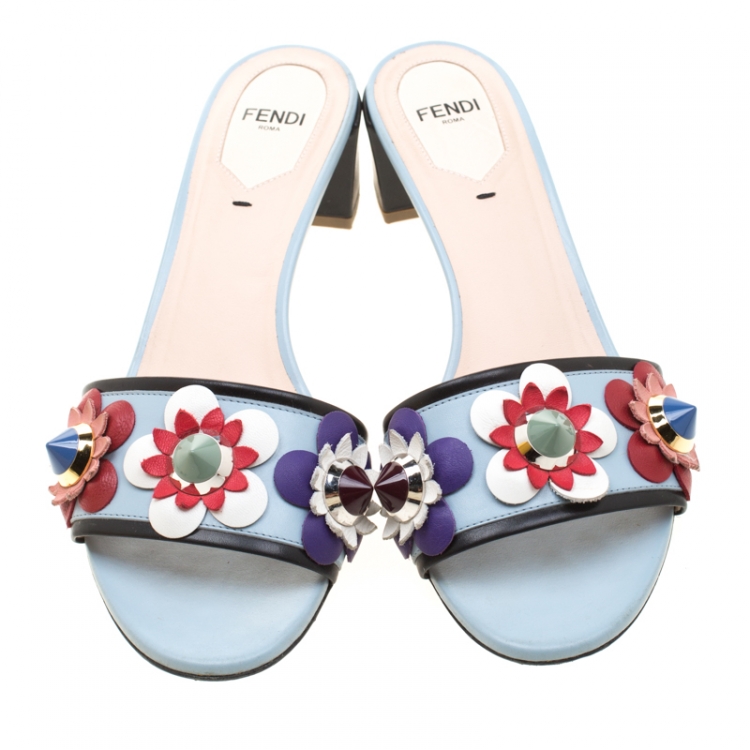 Pre Owned Fendi Powder Blue/Black Leather Flowerland Embellished Block Heel Slides Size 38