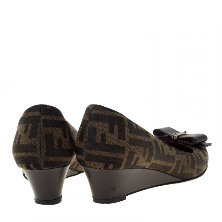 Pre Owned Fendi Brown Zucca Canvas Bow Detail Ballerina Flats Size 38