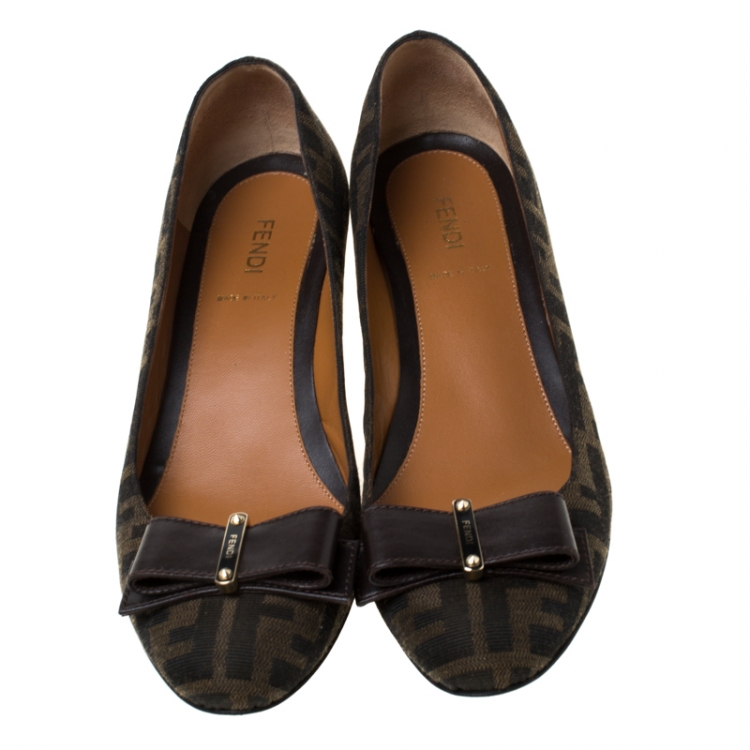 Pre Owned Fendi Brown Zucca Canvas Bow Detail Ballerina Flats Size 38