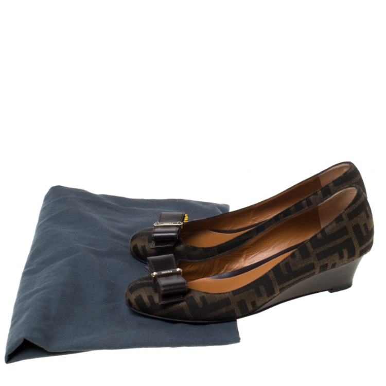 Pre Owned Fendi Brown Zucca Canvas Bow Detail Ballerina Flats Size 38