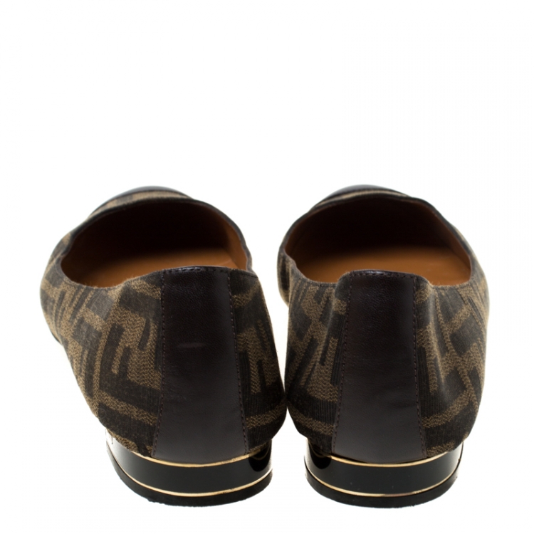 Pre Owned Fendi Brown Zucca Canvas and Leather Cap Toe Ballet Flats Size 40