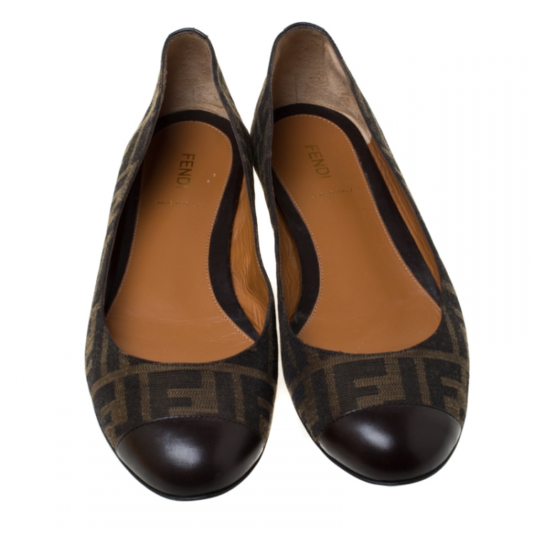 Pre Owned Fendi Brown Zucca Canvas and Leather Cap Toe Ballet Flats Size 40