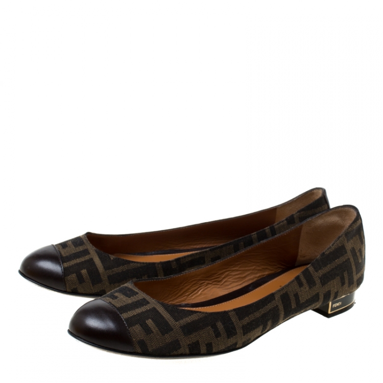 Pre Owned Fendi Brown Zucca Canvas and Leather Cap Toe Ballet Flats Size 40