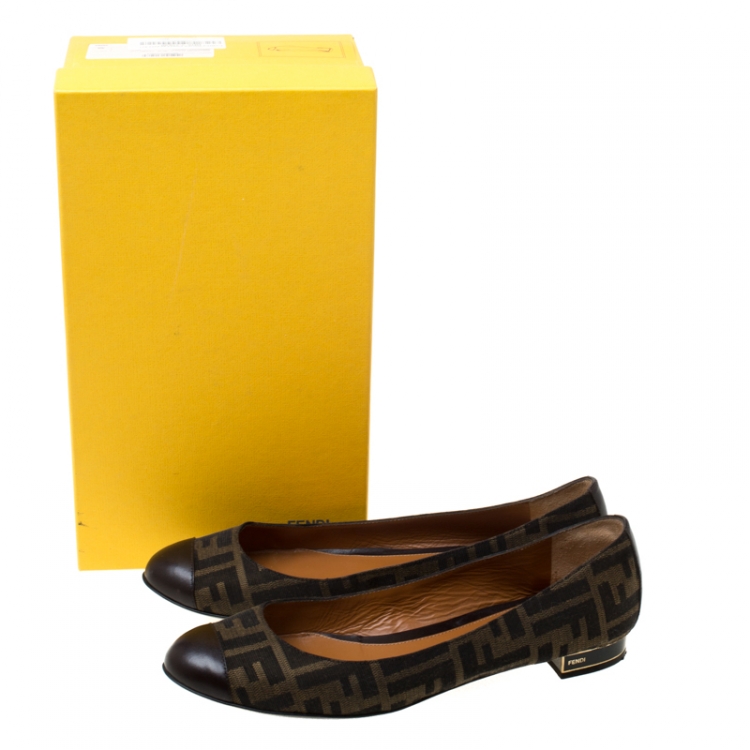 Pre Owned Fendi Brown Zucca Canvas and Leather Cap Toe Ballet Flats Size 40
