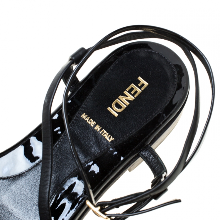 Pre Owned Fendi Black Patent Leather Strapped Flat Sandals Size 38
