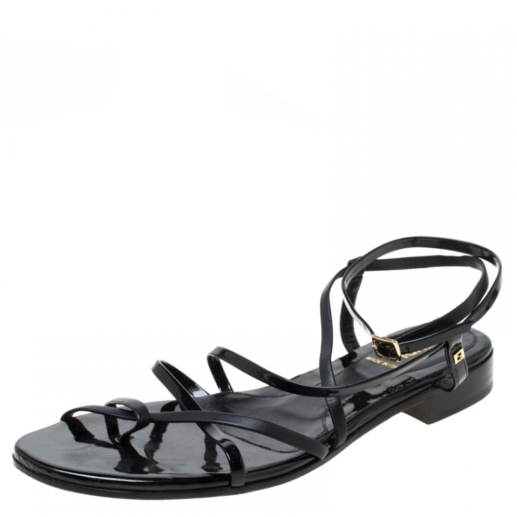 Pre Owned Fendi Black Patent Leather Strapped Flat Sandals Size 38