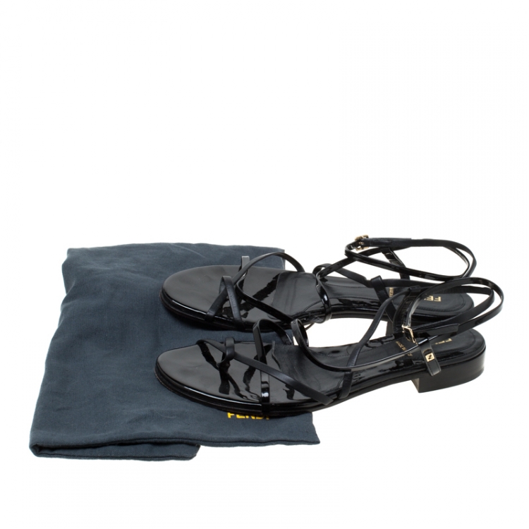 Pre Owned Fendi Black Patent Leather Strapped Flat Sandals Size 38
