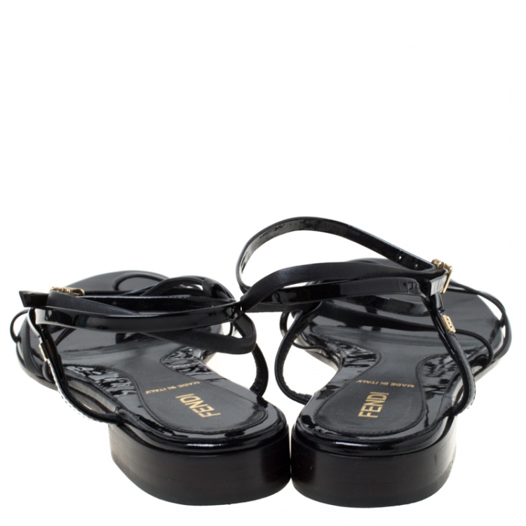 Pre Owned Fendi Black Patent Leather Strapped Flat Sandals Size 38