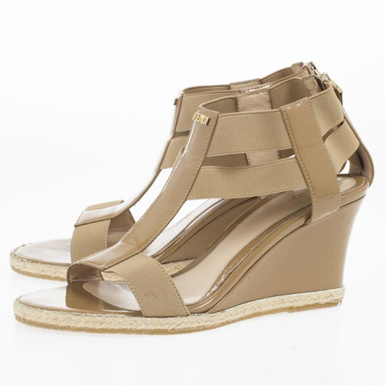 beige patent leather wedges