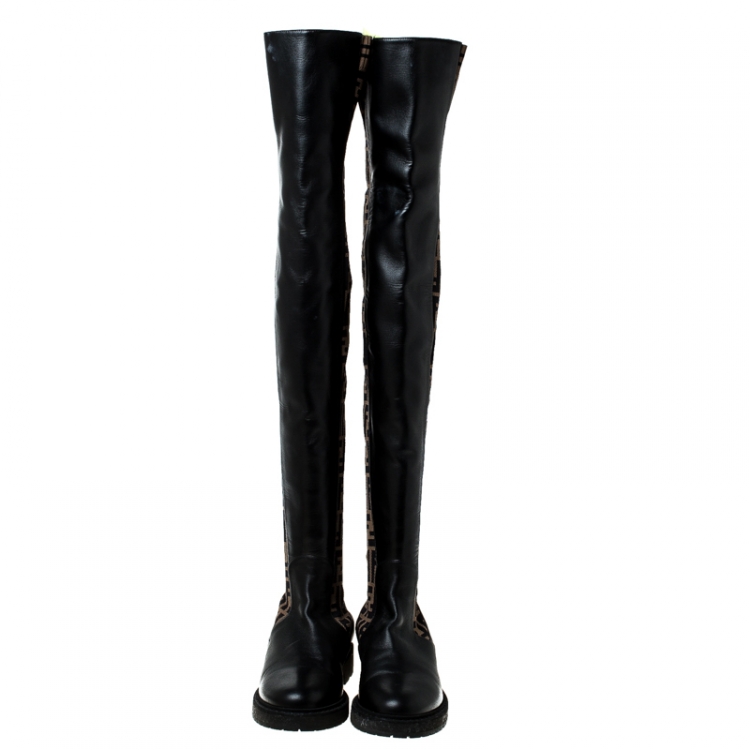 مملوكة مسبقًا Fendi Brown Leather And Logo Canvas Jacquard Thigh Length Boots Size 38