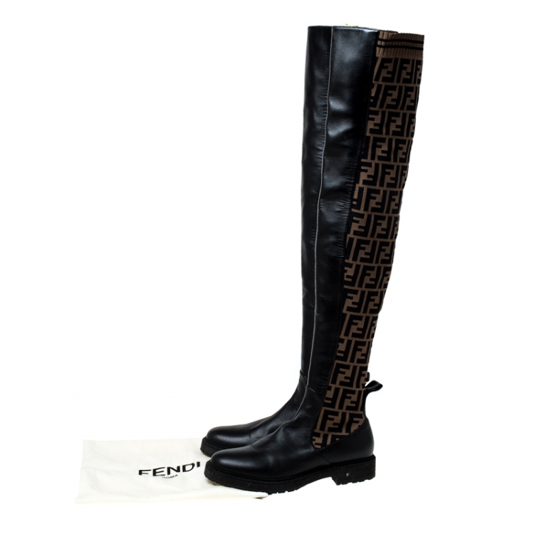مملوكة مسبقًا Fendi Brown Leather And Logo Canvas Jacquard Thigh Length Boots Size 38