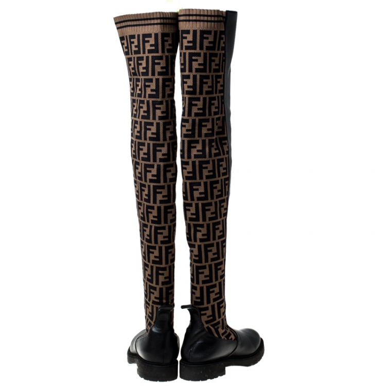 مملوكة مسبقًا Fendi Brown Leather And Logo Canvas Jacquard Thigh Length Boots Size 38