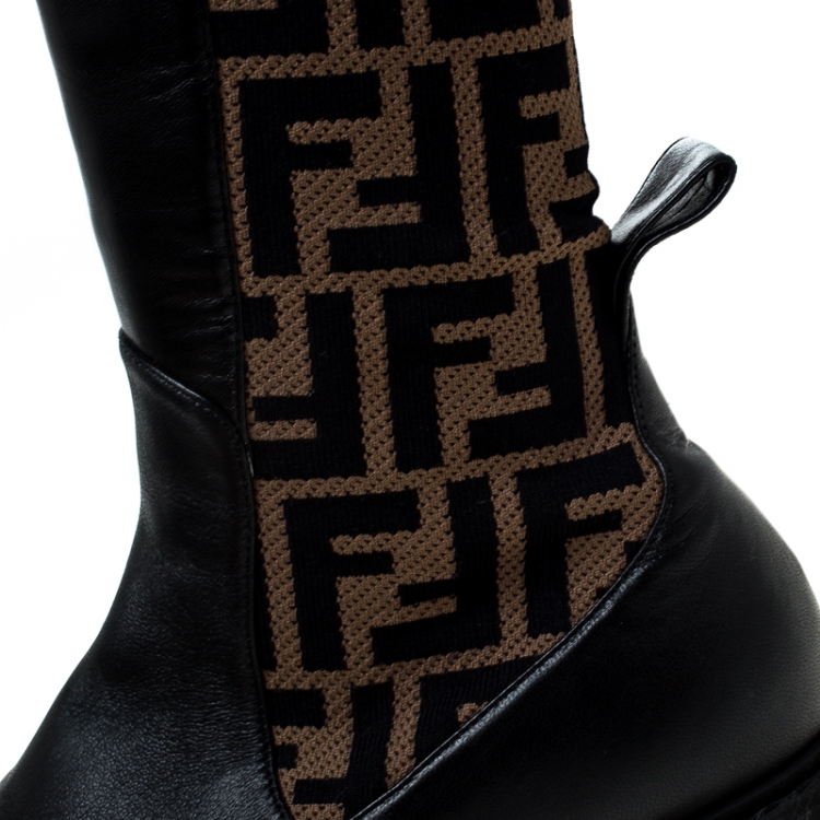 مملوكة مسبقًا Fendi Brown Leather And Logo Canvas Jacquard Thigh Length Boots Size 38