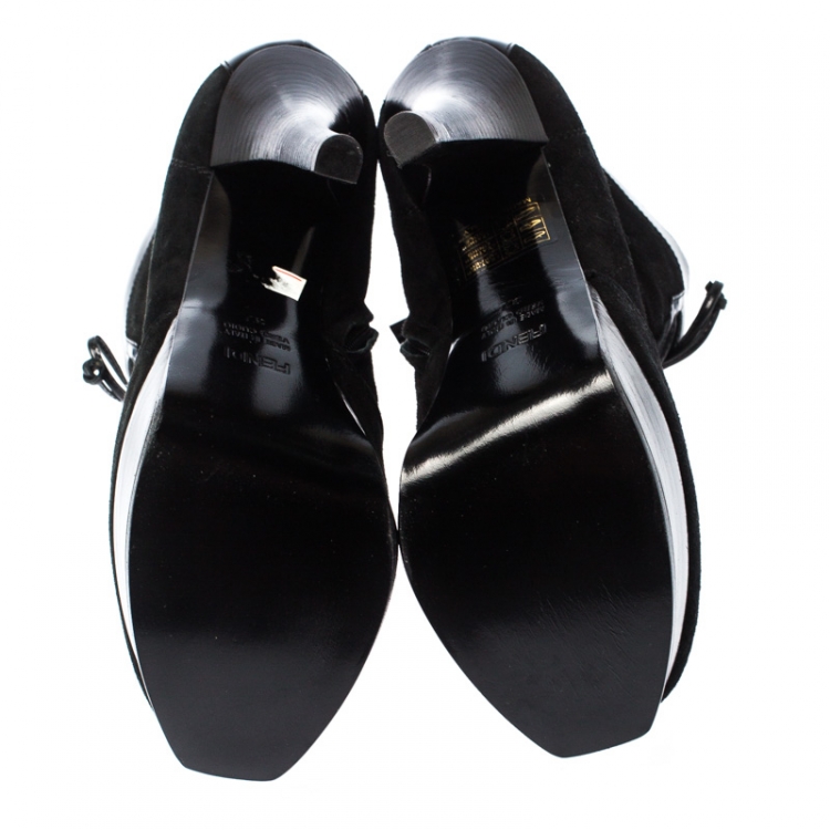 Pre Owned Fendi Black Suede and Leather Fendista Platform Ankle Boots Size 37