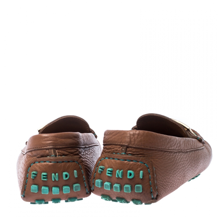 Pre Owned  Fendi Brown Leather Logo Slip On Loafers Size 38.5