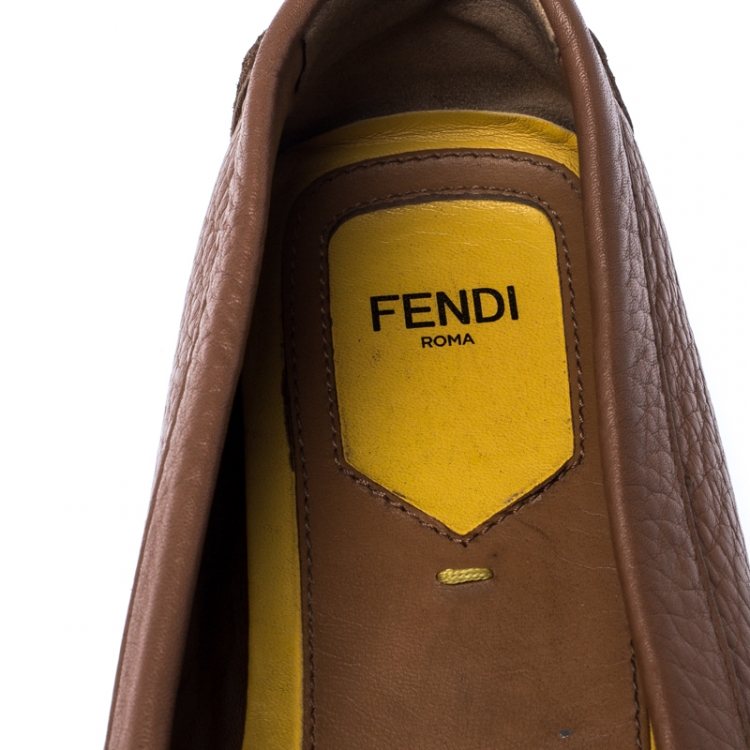 Pre Owned  Fendi Brown Leather Logo Slip On Loafers Size 38.5