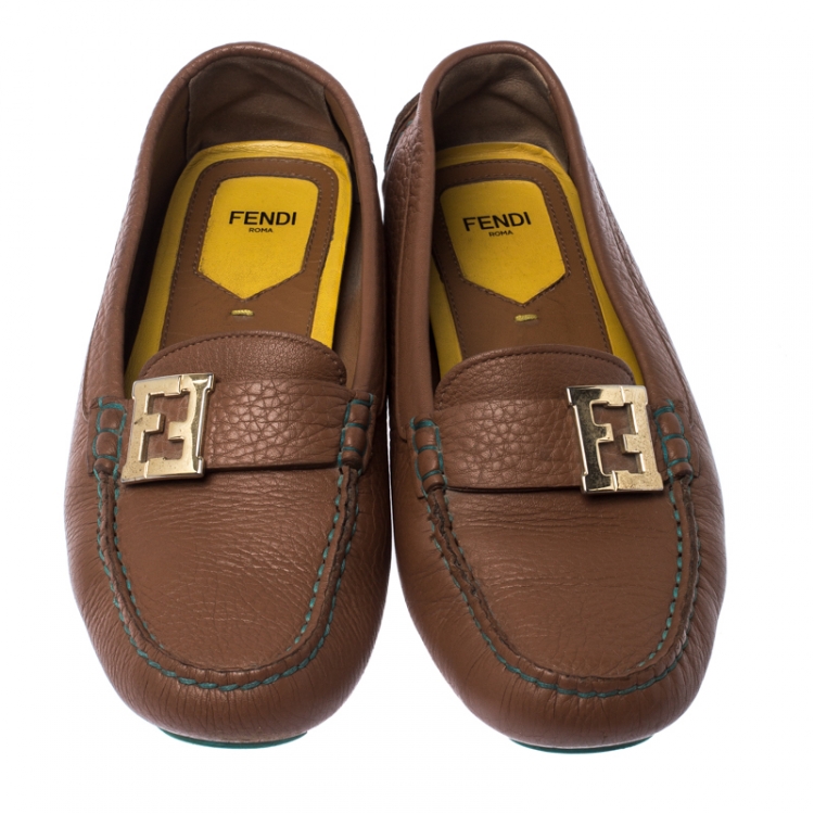 Pre Owned  Fendi Brown Leather Logo Slip On Loafers Size 38.5