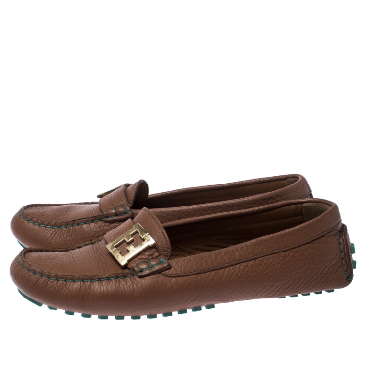 Pre Owned  Fendi Brown Leather Logo Slip On Loafers Size 38.5