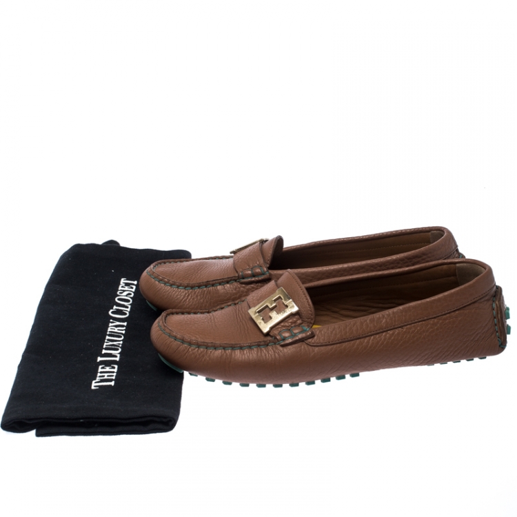 Pre Owned  Fendi Brown Leather Logo Slip On Loafers Size 38.5