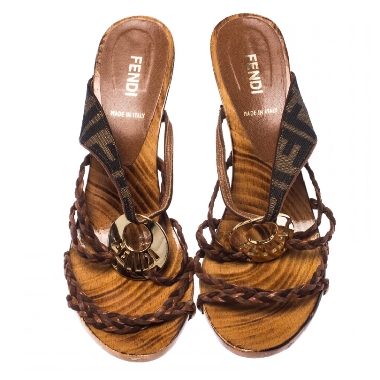 Pre Owned Fendi Brown Leather And Monogram Canvas Logo Strappy Sandals Size 39